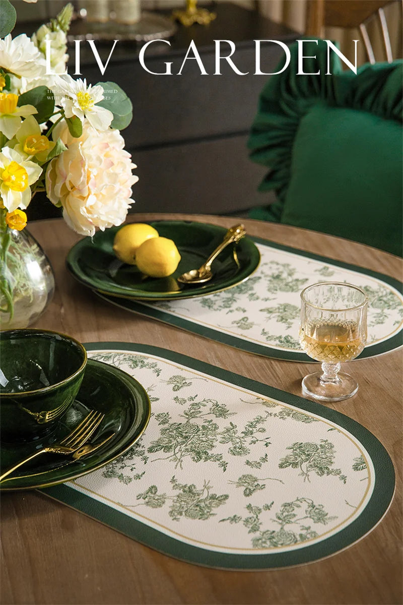 French Leather Placemats for Dining Table,Non-Slip Place Mats,Home Kitchen,Waterproof,Heat Resistant,Insulation Protector,Green