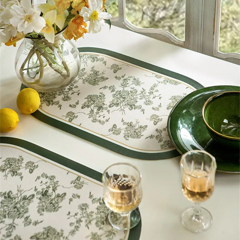 French Leather Placemats for Dining Table,Non-Slip Place Mats,Home Kitchen,Waterproof,Heat Resistant,Insulation Protector,Green