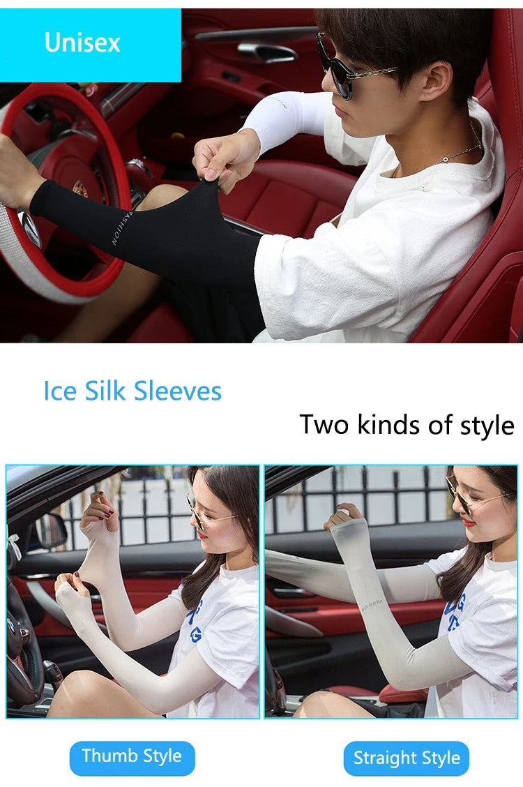 UV Solar Arm Sleeves Woman Men Cycling Fingerless Gloves Cool Muff Summer Ice Silk Elastic Arm Cover Driving Anti-Sunburn Sleeve
