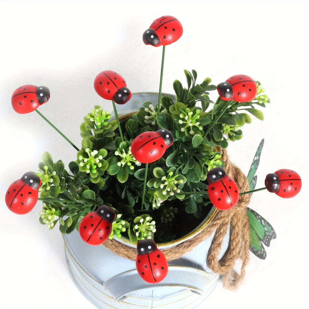 Wooden Ladybug Decorative Garden Stakes Garden Decoration Outdoor Yard Decor Easter Festival Decoration Office Home Decor 10pcs