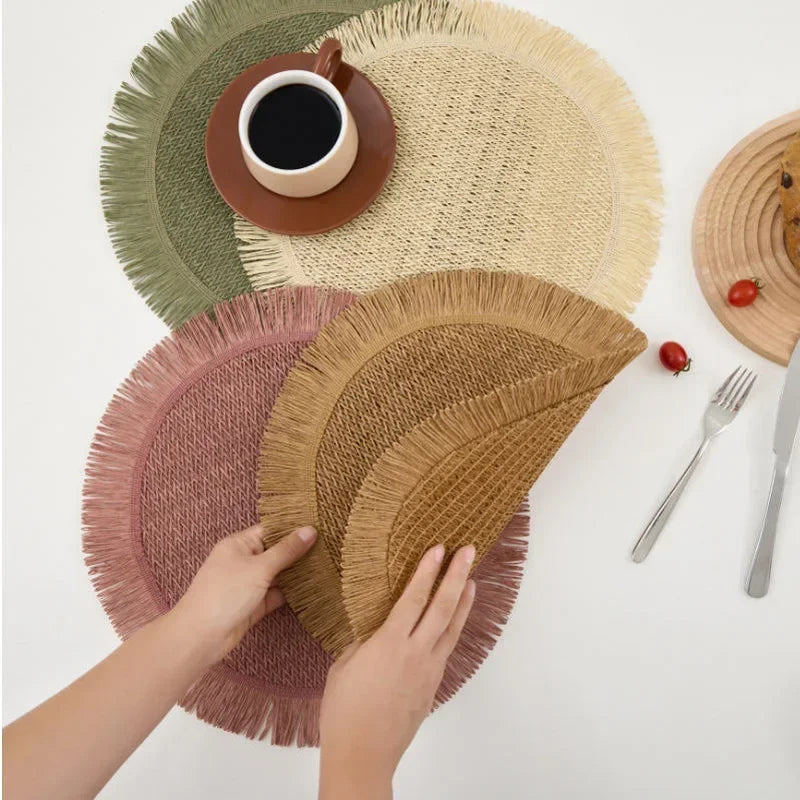 1pc Round Linen Placemats Table Mats Hand Woven Non-slip Heat Insulation Place Mats Tea Cup Pad Dining Table Decorations