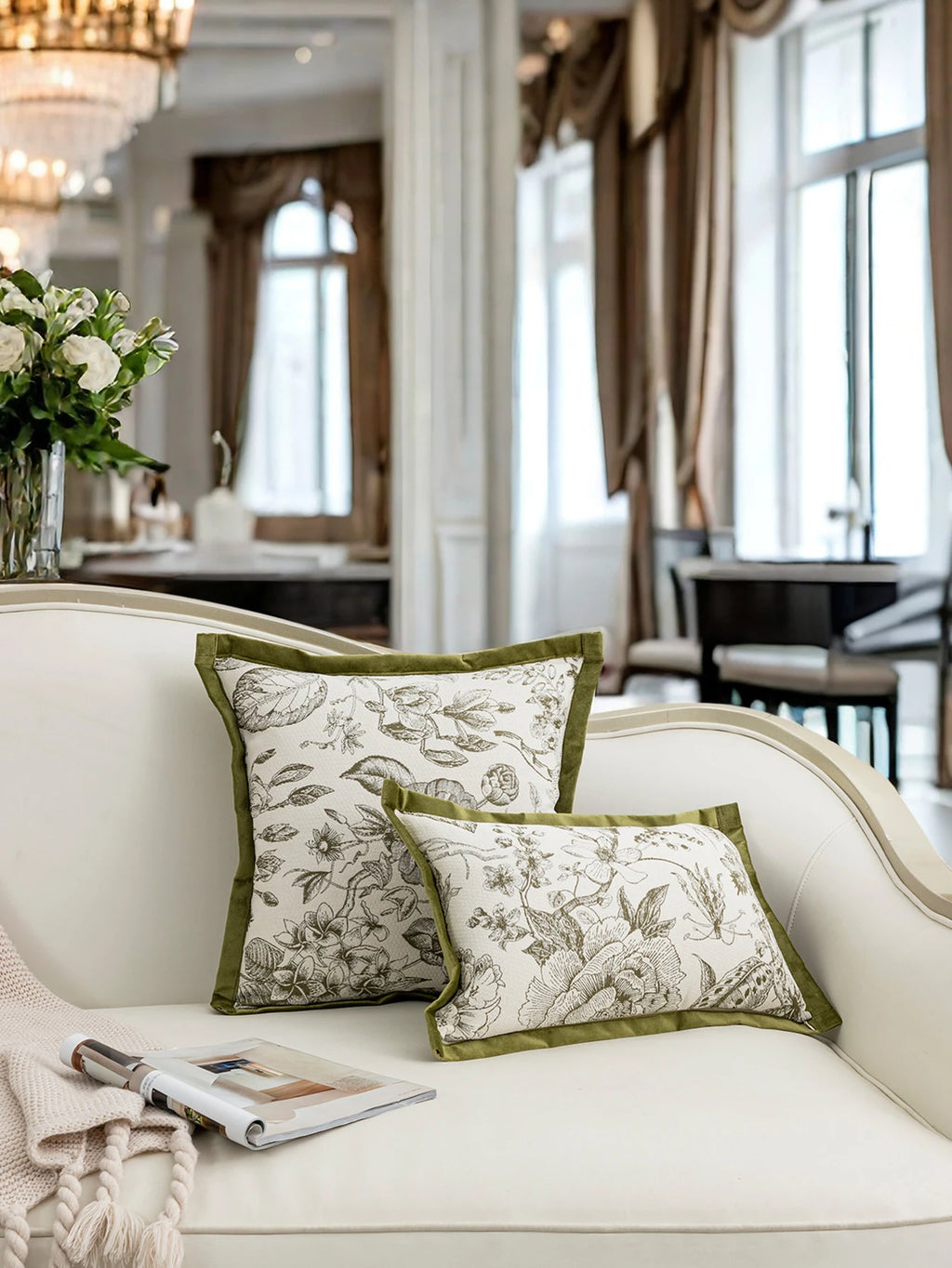 Throw pillow cover with green flower and branch patterns, suitable for living rooms, bedrooms, and car seats.