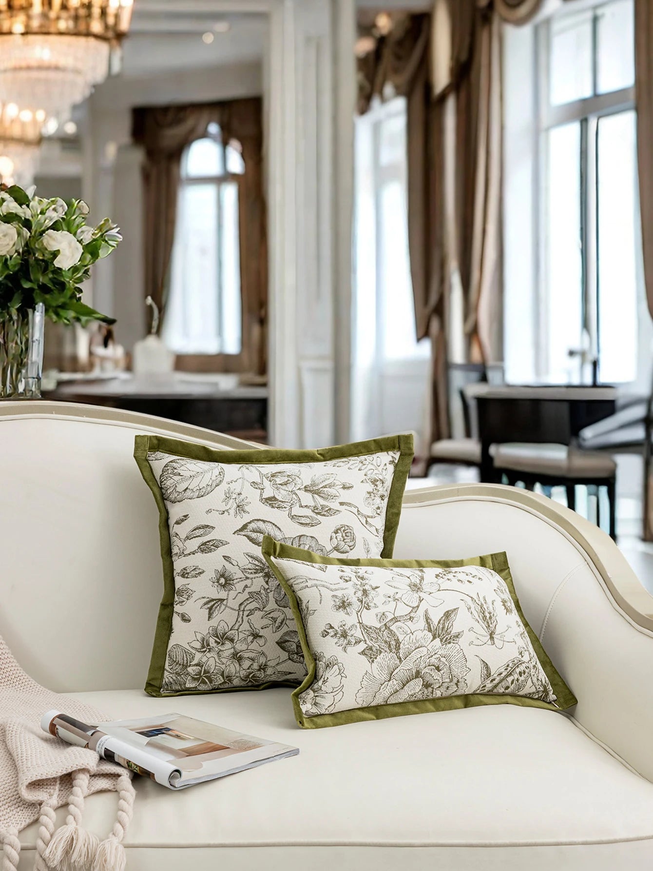 Throw pillow cover with green flower and branch patterns, suitable for living rooms, bedrooms, and car seats.