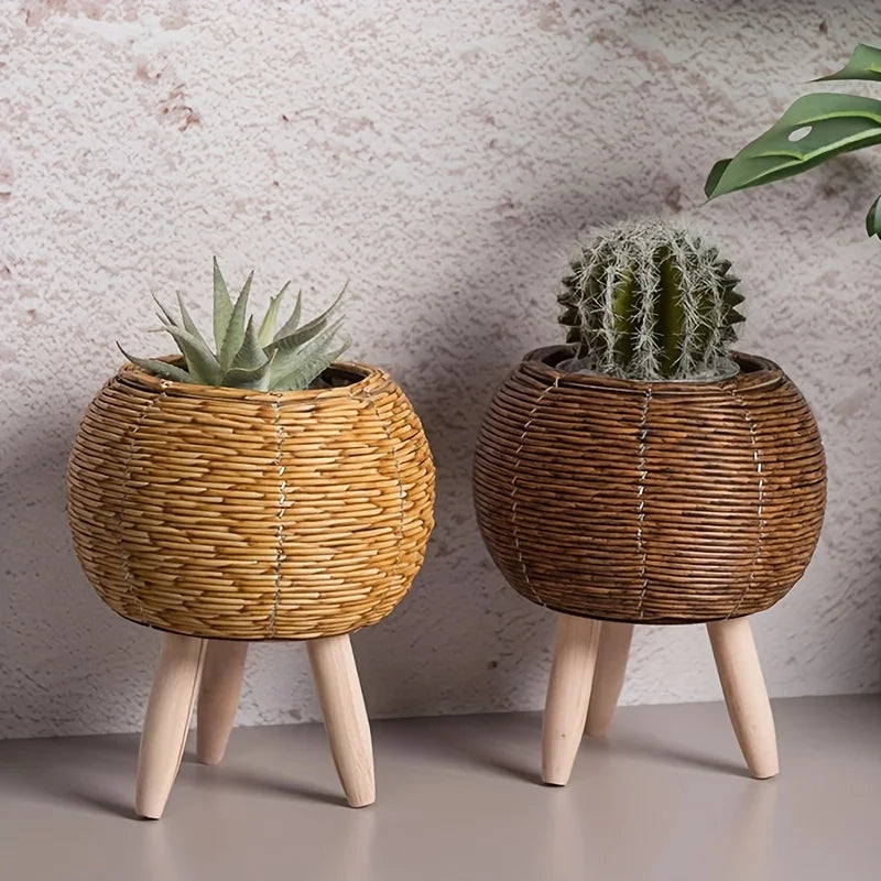 Charming Rustic Rattan Planter With Wooden Legs - Versatile Woven Storage Basket For Indoor/Outdoor Plants & Decor