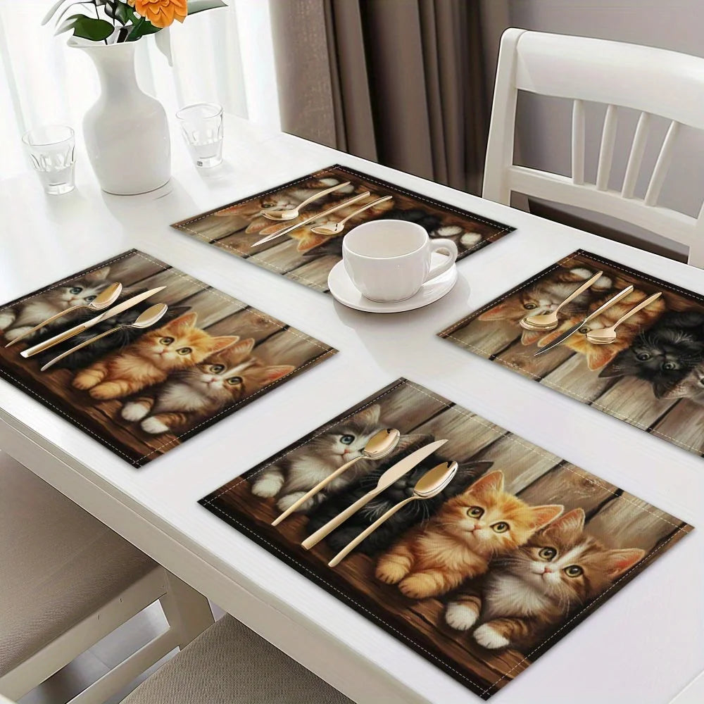 4pcs, Cats Printed Placemats, Set of 4 Table Mats, Washable Placemats for Kitchen Dining Table Decoration