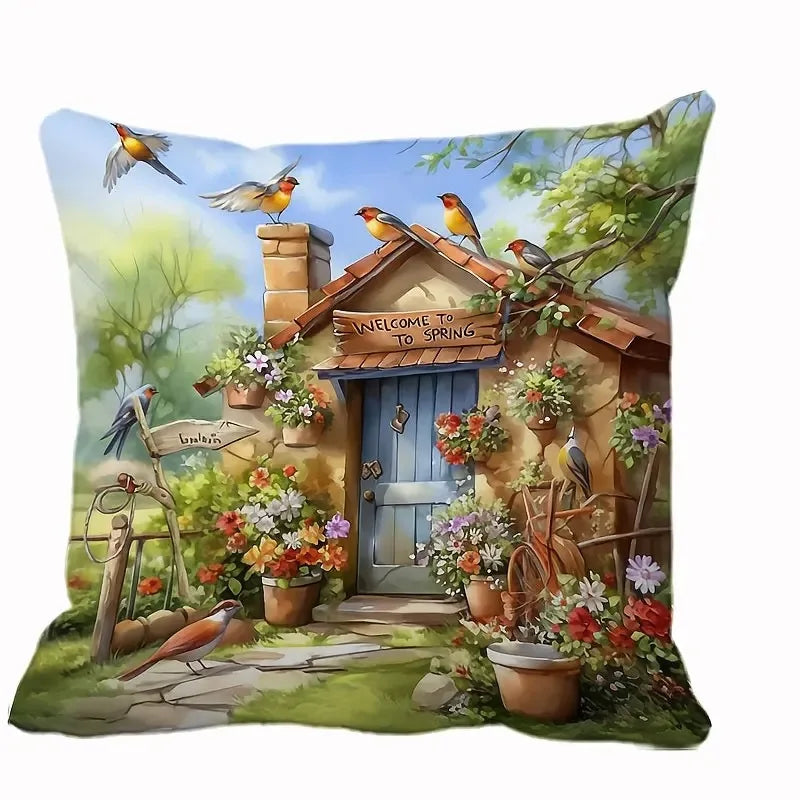 Home Decor Spring Garden Scene Pillow Covers Pattern Cushion Cover Suitable For Sofa Bedroom Car Pillow Cover