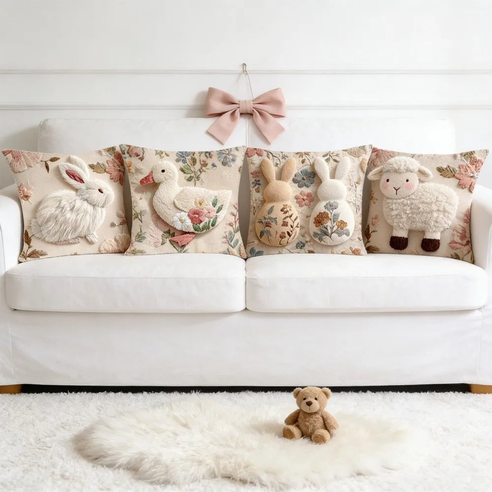 Cartoon Easter Pillow Cover 2D Flat Easter Theme Throw Pillow Cover Animal Print Skin Friendly Bunny Cushion Cover Bedroom