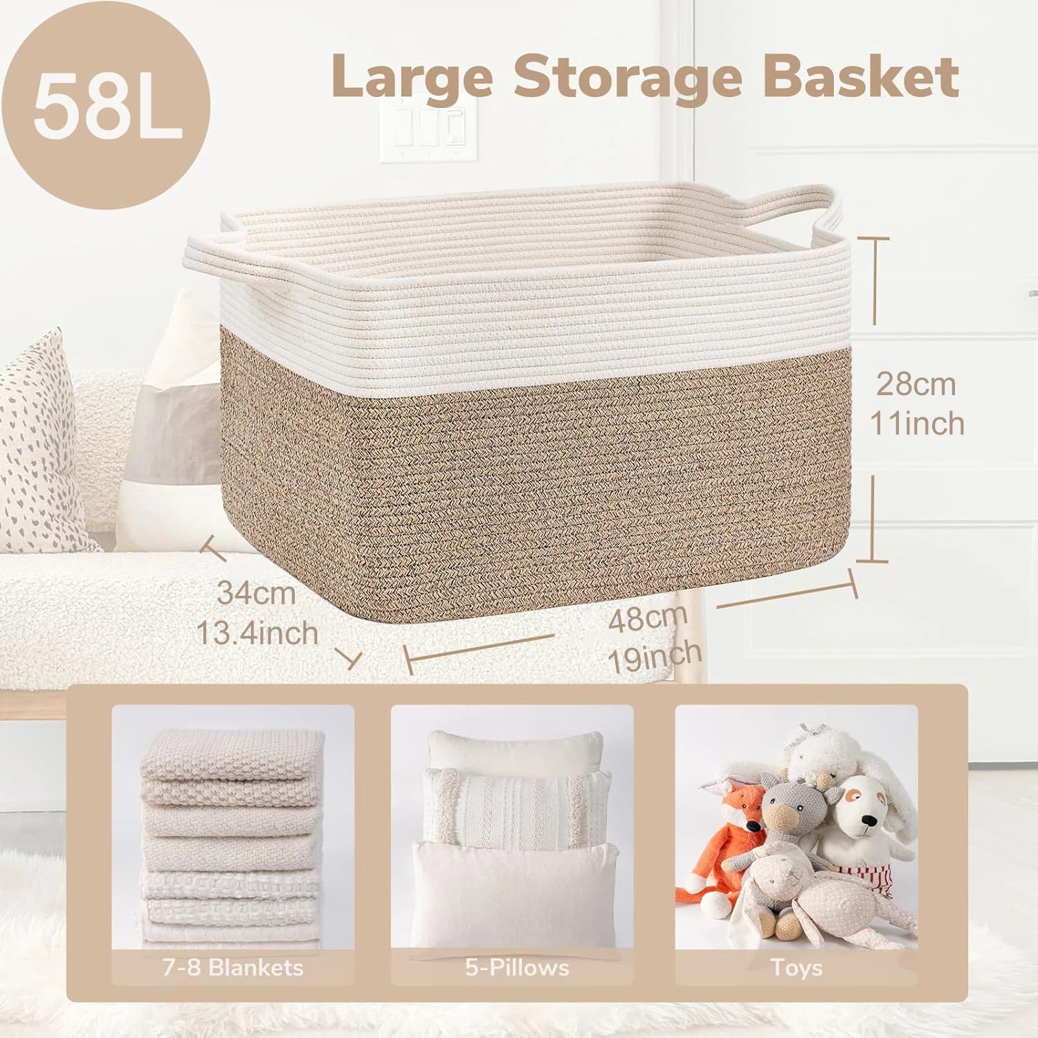 Laundry Basket, Woven Storage Baskets for Organizing, Cube Cotton rope baskets for shelves, Magazine & Newspaper Baskets