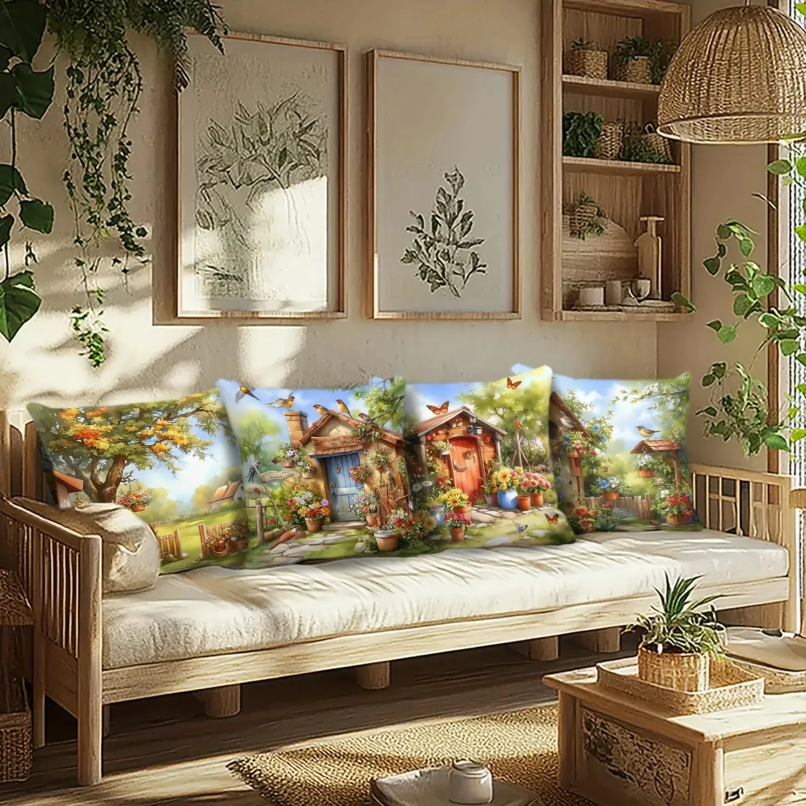 Home Decor Spring Garden Scene Pillow Covers Pattern Cushion Cover Suitable For Sofa Bedroom Car Pillow Cover