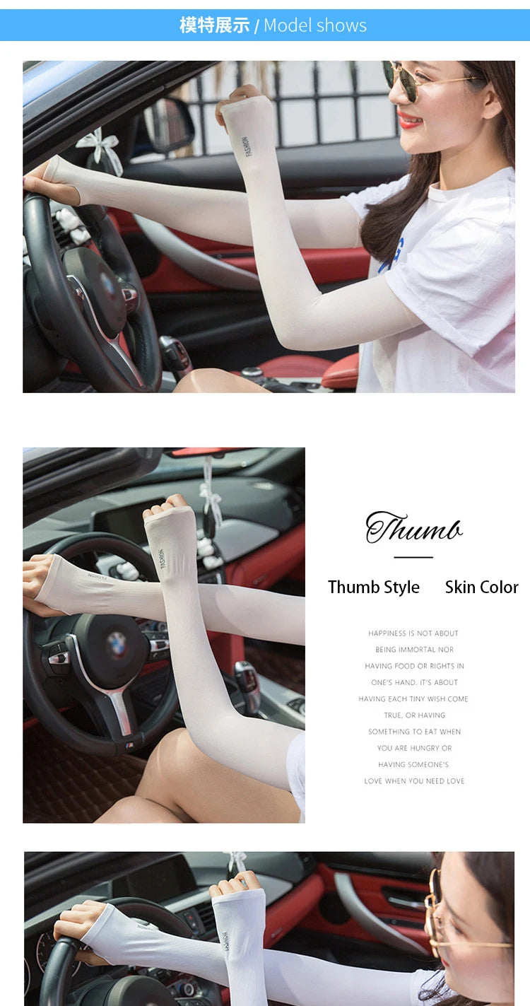 UV Solar Arm Sleeves Woman Men Cycling Fingerless Gloves Cool Muff Summer Ice Silk Elastic Arm Cover Driving Anti-Sunburn Sleeve