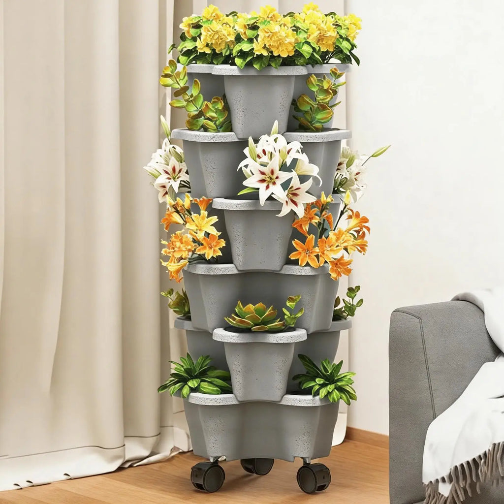 Plant Tower Indoor 6-Tier With Wheels Space Saving Stackable Vertical Planter Tower For Indoor Outdoor Home Yard Patio Raised