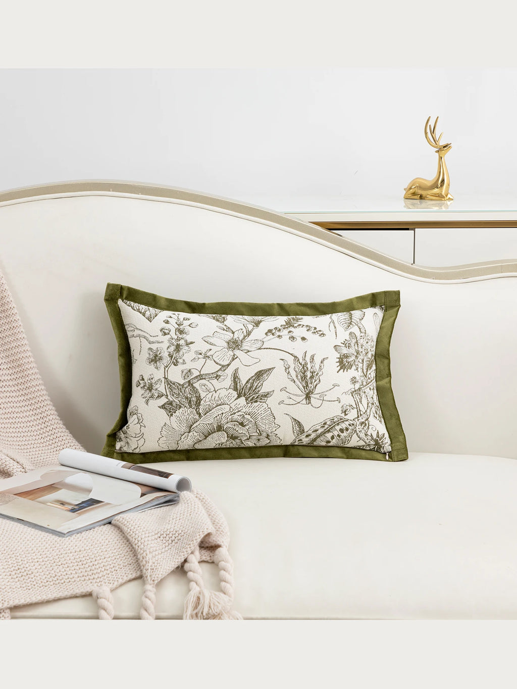 Throw pillow cover with green flower and branch patterns, suitable for living rooms, bedrooms, and car seats.