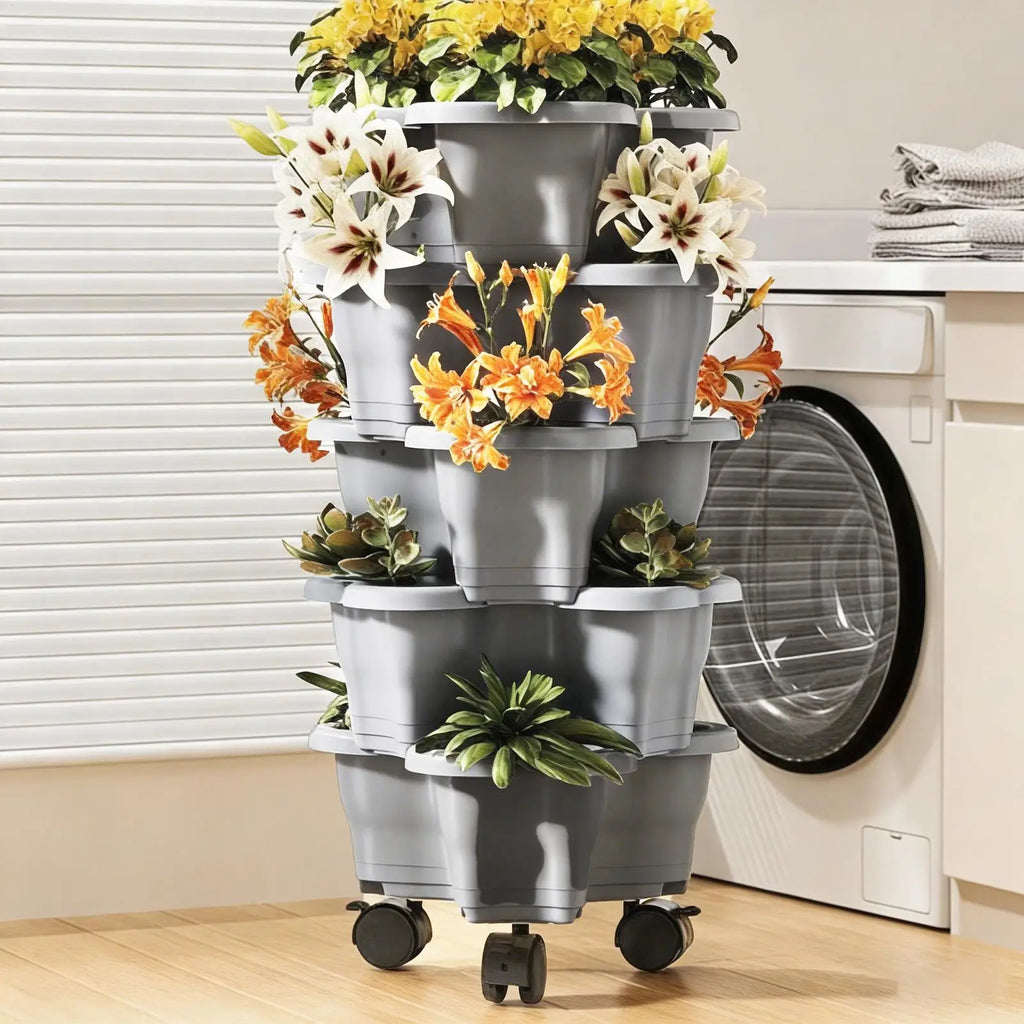 Plant Tower Indoor 6-Tier With Wheels Space Saving Stackable Vertical Planter Tower For Indoor Outdoor Home Yard Patio Raised