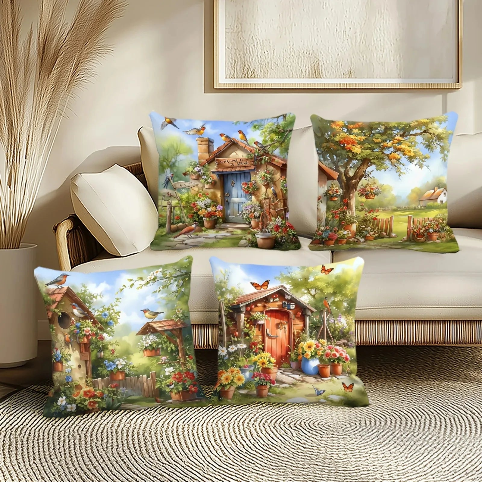 Home Decor Spring Garden Scene Pillow Covers Pattern Cushion Cover Suitable For Sofa Bedroom Car Pillow Cover