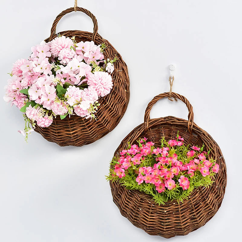 Hand Made Wicker Rattan Flower Planter Wall Hanging Wicker Rattam Basket Garden Vine Pot Plants Holder Wall Planter Home Decor