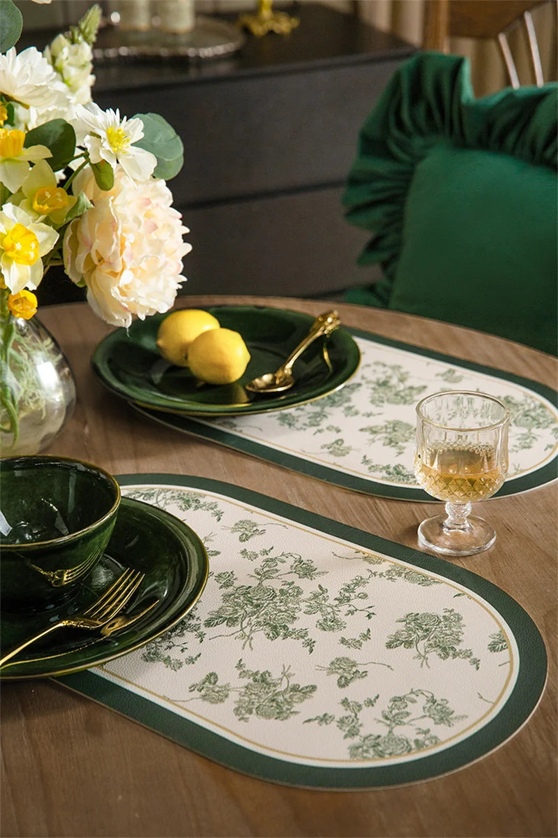 French Leather Placemats for Dining Table,Non-Slip Place Mats,Home Kitchen,Waterproof,Heat Resistant,Insulation Protector,Green