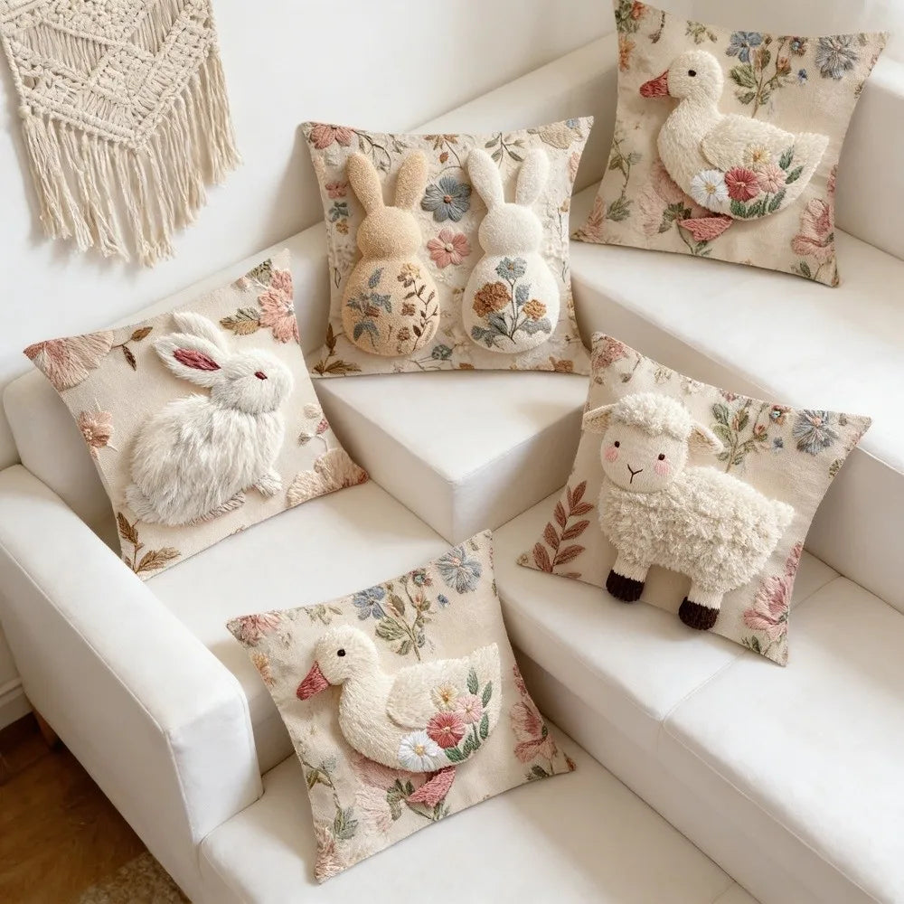 Cartoon Easter Pillow Cover 2D Flat Easter Theme Throw Pillow Cover Animal Print Skin Friendly Bunny Cushion Cover Bedroom