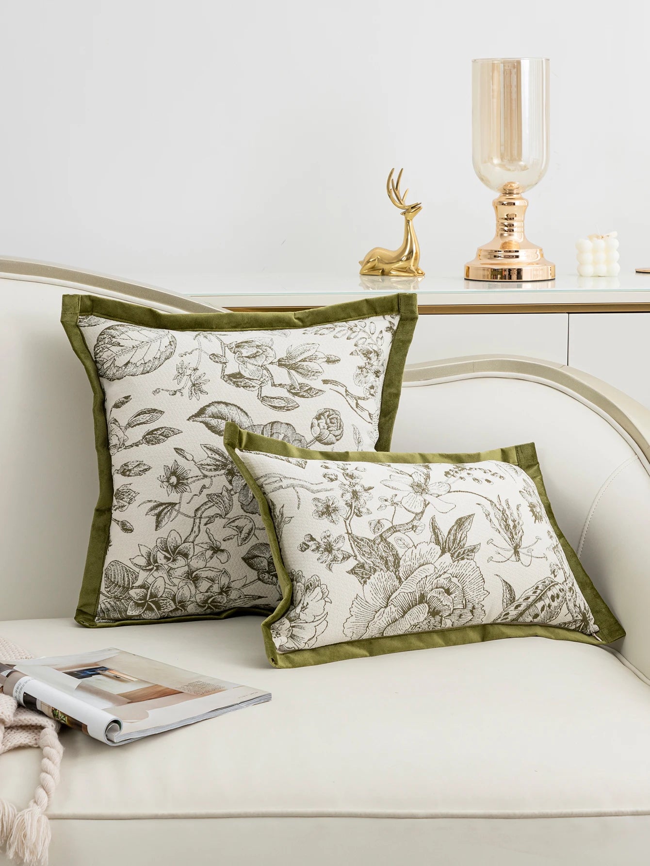 Throw pillow cover with green flower and branch patterns, suitable for living rooms, bedrooms, and car seats.