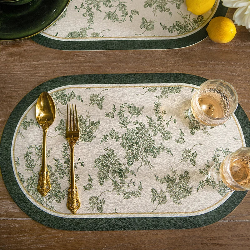French Leather Placemats for Dining Table,Non-Slip Place Mats,Home Kitchen,Waterproof,Heat Resistant,Insulation Protector,Green
