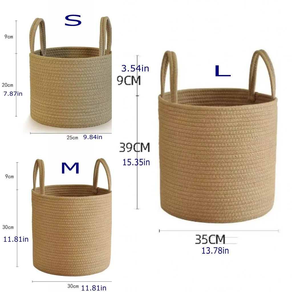 Solid White Storage Baskets Cotton Rope Home Organization Kids Toy Woven Laundry Hamper with Handles Sundries Organizer Basket