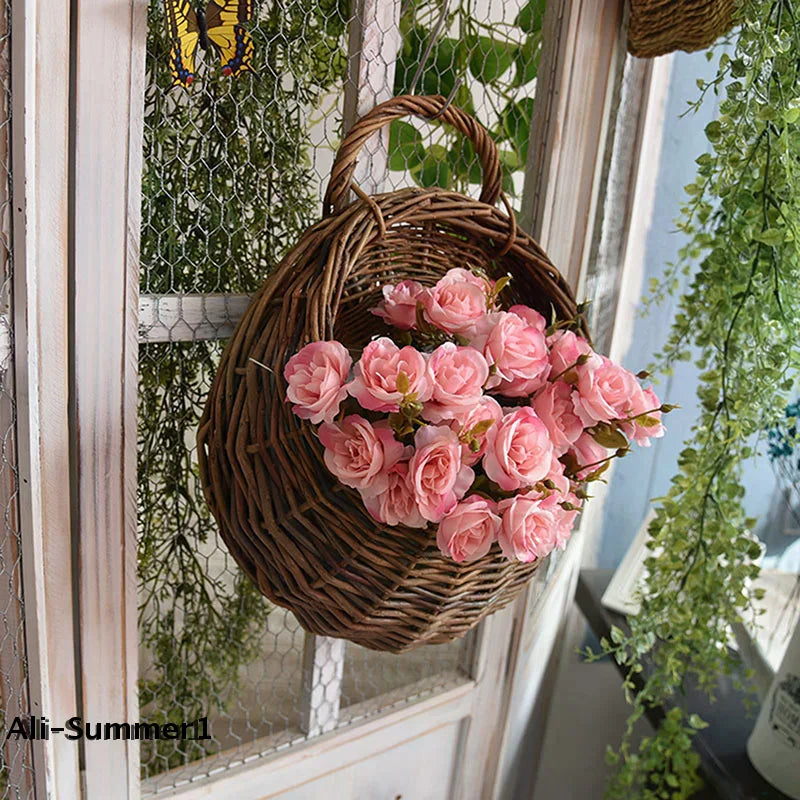 Hand Made Wicker Rattan Flower Planter Wall Hanging Wicker Rattam Basket Garden Vine Pot Plants Holder Wall Planter Home Decor