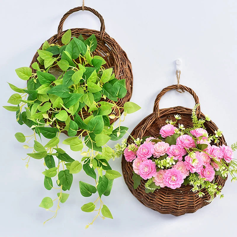 Hand Made Wicker Rattan Flower Planter Wall Hanging Wicker Rattam Basket Garden Vine Pot Plants Holder Wall Planter Home Decor