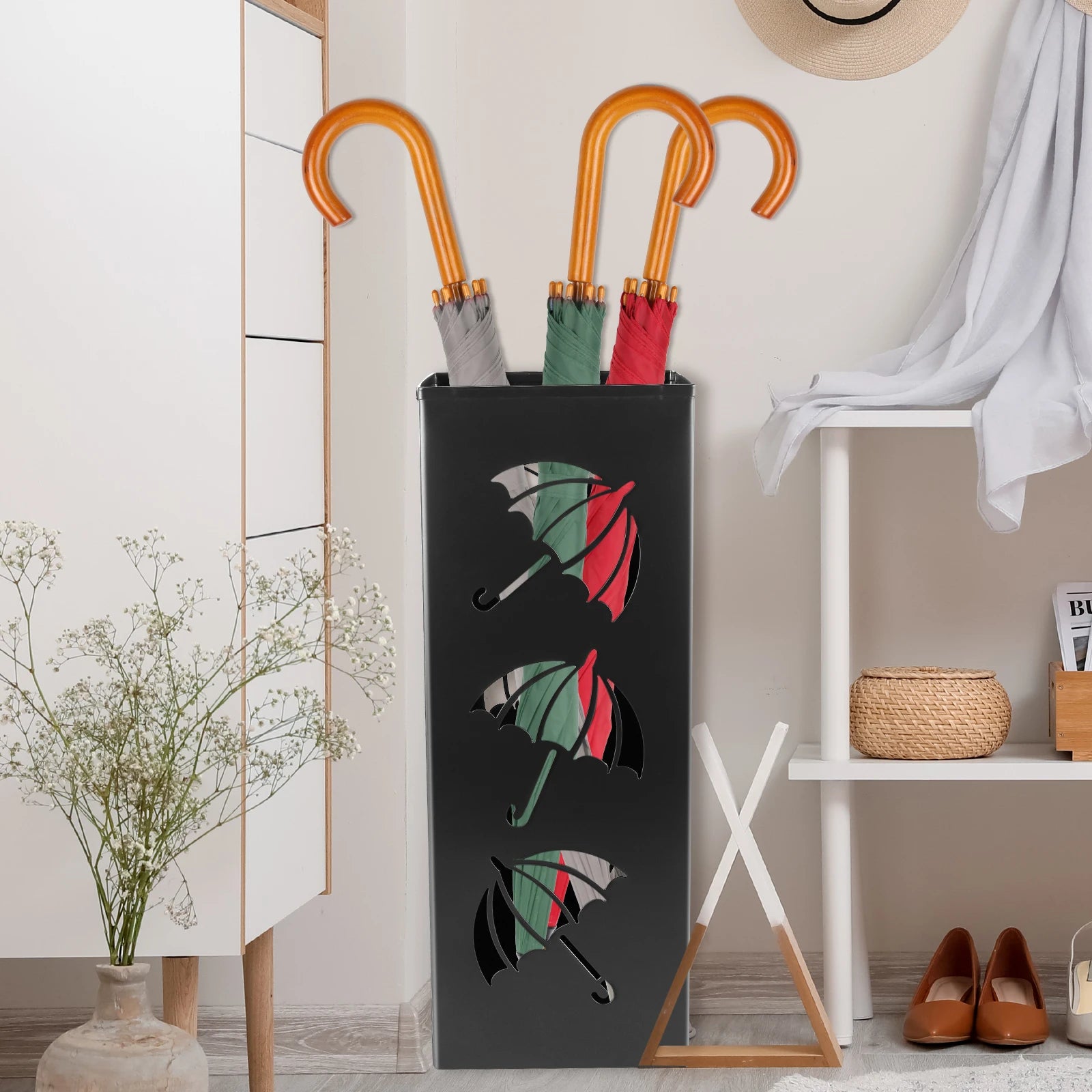 New Umbrella Holder Metal Hollow Out Stand Storage Bucket Freestanding Round Bin Waterproof Walking Sticks Rack