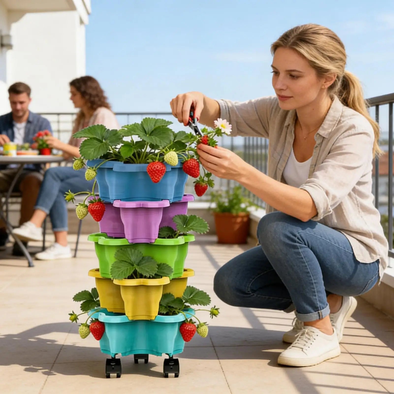 Stackable Strawberry Planter 4/5 Tier Vertical Garden Tower Vegetable Flower Pot with Drainage Holes for Garden Balcony Patio