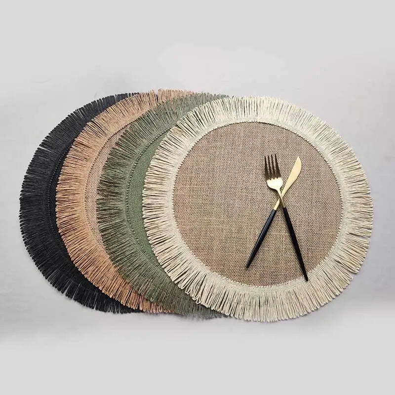 1pc Round Linen Placemats Table Mats Hand Woven Non-slip Heat Insulation Place Mats Tea Cup Pad Dining Table Decorations