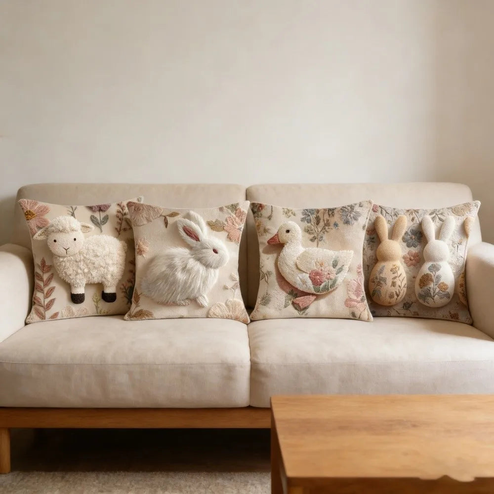 Cartoon Easter Pillow Cover 2D Flat Easter Theme Throw Pillow Cover Animal Print Skin Friendly Bunny Cushion Cover Bedroom