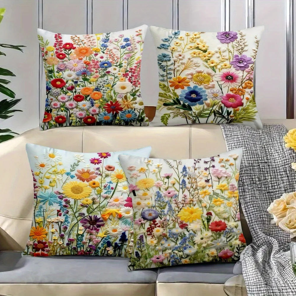 4pcs Colorful Floral Garden Pillow Covers Velvet Polyester Cushion Cases Spring Wildflower Decorative Throw Pillows Home Decor