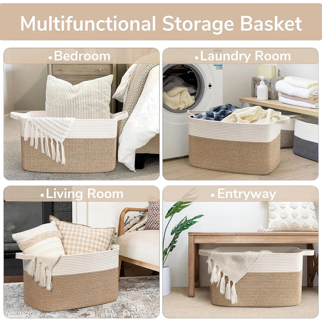 Laundry Basket, Woven Storage Baskets for Organizing, Cube Cotton rope baskets for shelves, Magazine & Newspaper Baskets
