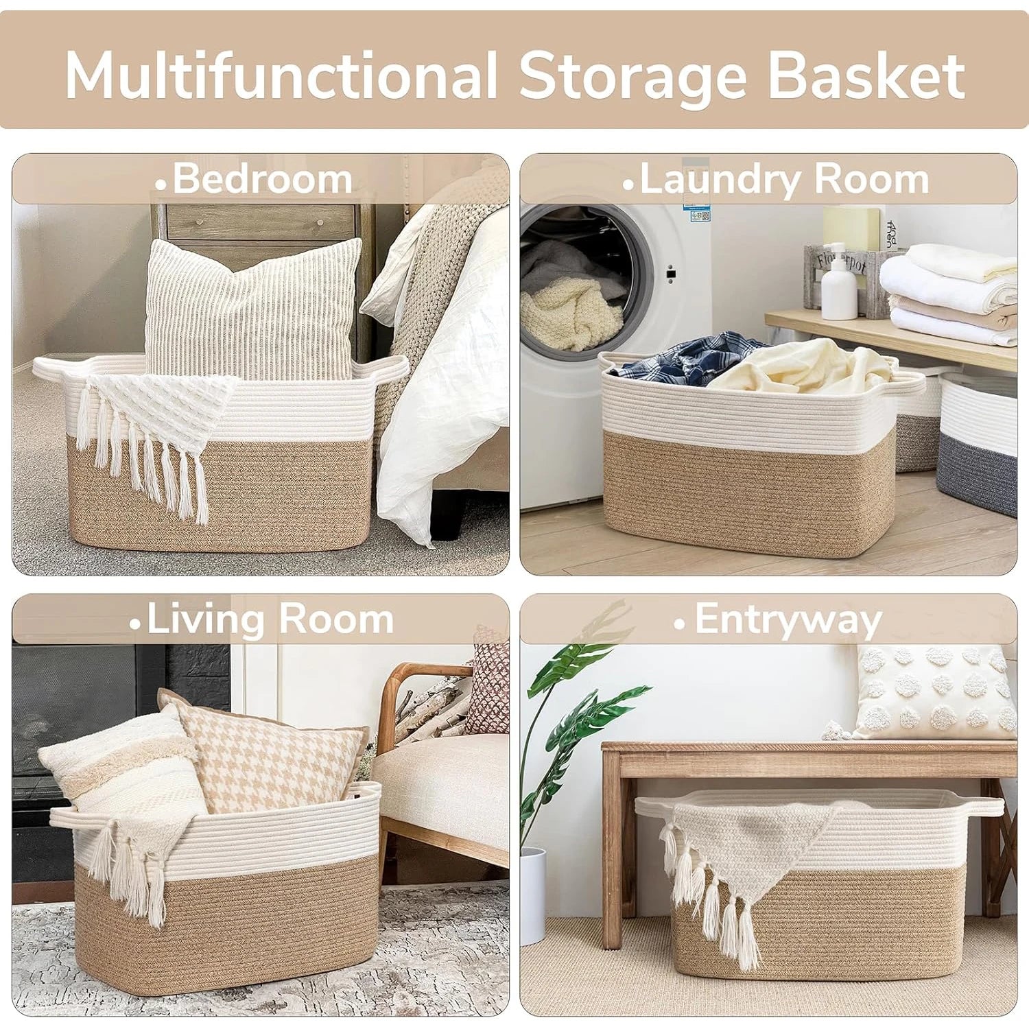 Laundry Basket, Woven Storage Baskets for Organizing, Cube Cotton rope baskets for shelves, Magazine & Newspaper Baskets