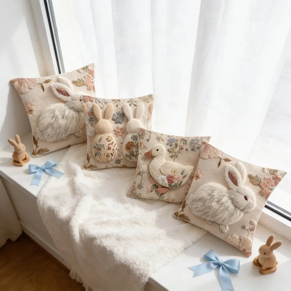 Cartoon Easter Pillow Cover 2D Flat Easter Theme Throw Pillow Cover Animal Print Skin Friendly Bunny Cushion Cover Bedroom