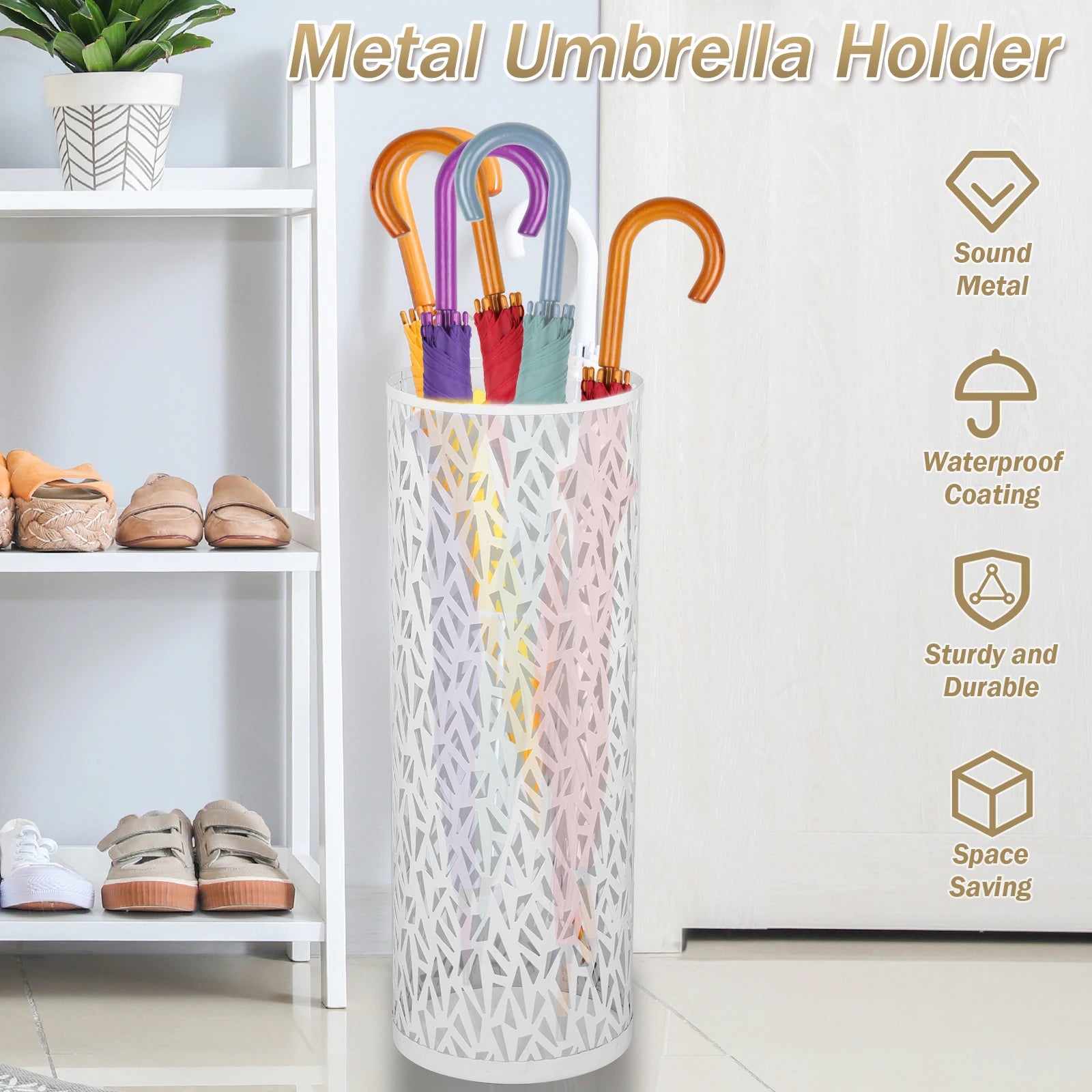 Umbrella Holder Metal Hollow Out Stand Storage Bucket Freestanding Round  Bin Waterproof Walking Sticks Rack