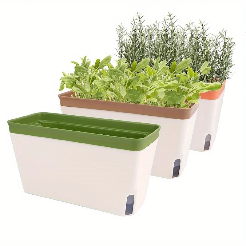 Self-Watering Windowsill Planter Kit: Modern Plastic Herb Garden Set with Visible Water Level Indicator - Suitable for Indoor