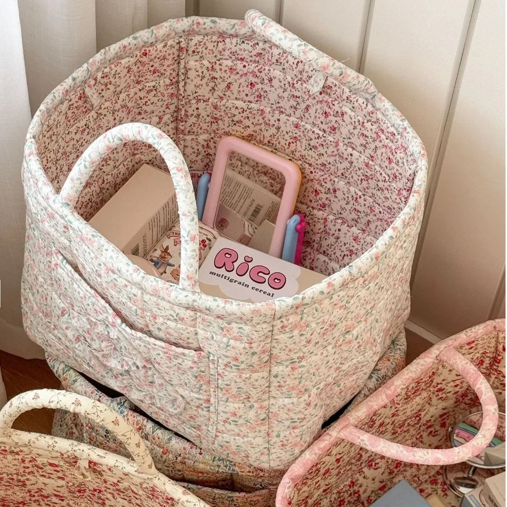 Pastoral Style Fabric Storage Baskets Large Capacity INS Foldable Laundry Hampers Stackable Organizing Frame Storage Bin