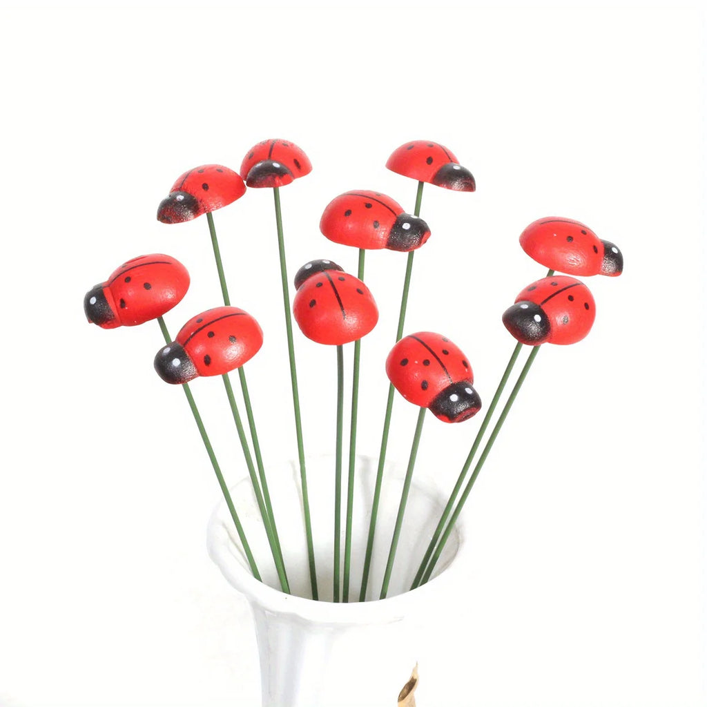 Wooden Ladybug Decorative Garden Stakes Garden Decoration Outdoor Yard Decor Easter Festival Decoration Office Home Decor 10pcs