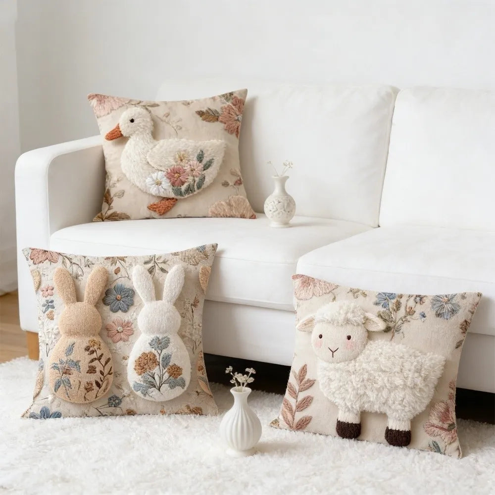 Cartoon Easter Pillow Cover 2D Flat Easter Theme Throw Pillow Cover Animal Print Skin Friendly Bunny Cushion Cover Bedroom