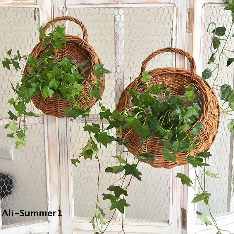 Hand Made Wicker Rattan Flower Planter Wall Hanging Wicker Rattam Basket Garden Vine Pot Plants Holder Wall Planter Home Decor