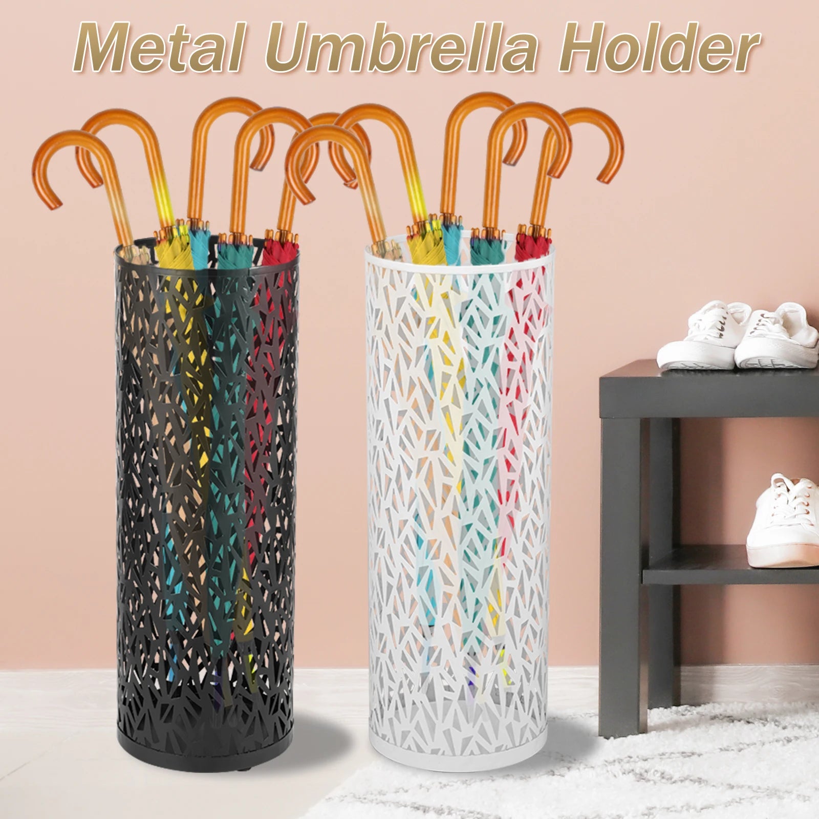 Umbrella Holder Metal Hollow Out Stand Storage Bucket Freestanding Round  Bin Waterproof Walking Sticks Rack
