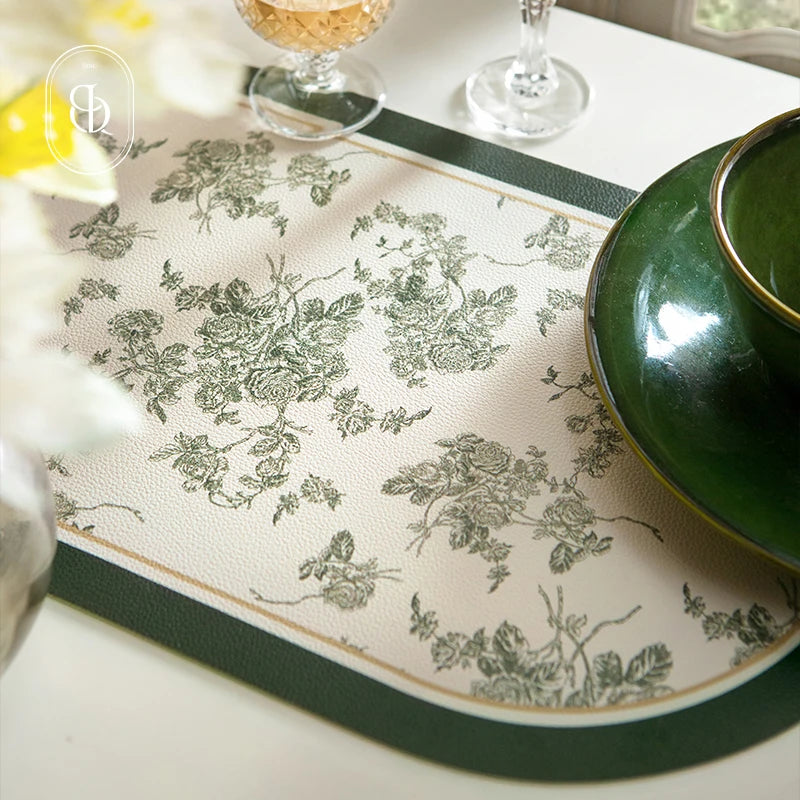 French Leather Placemats for Dining Table,Non-Slip Place Mats,Home Kitchen,Waterproof,Heat Resistant,Insulation Protector,Green
