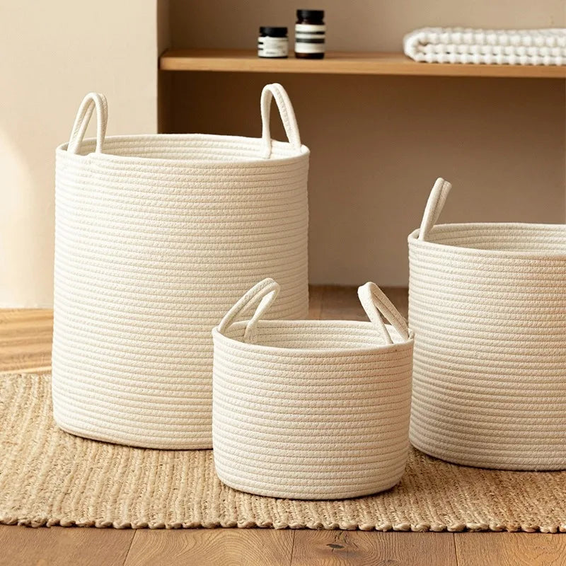 Solid White Storage Baskets Cotton Rope Home Organization Kids Toy Woven Laundry Hamper with Handles Sundries Organizer Basket