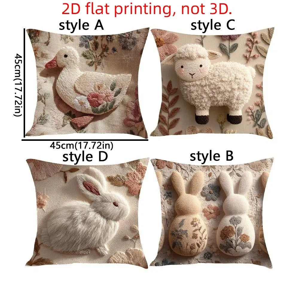 Cartoon Easter Pillow Cover 2D Flat Easter Theme Throw Pillow Cover Animal Print Skin Friendly Bunny Cushion Cover Bedroom