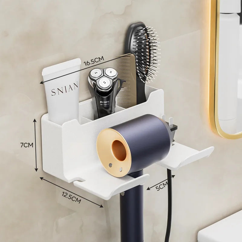Multi-functional Bathroom Rack with Hair Dryer Slot and Storage Baskets