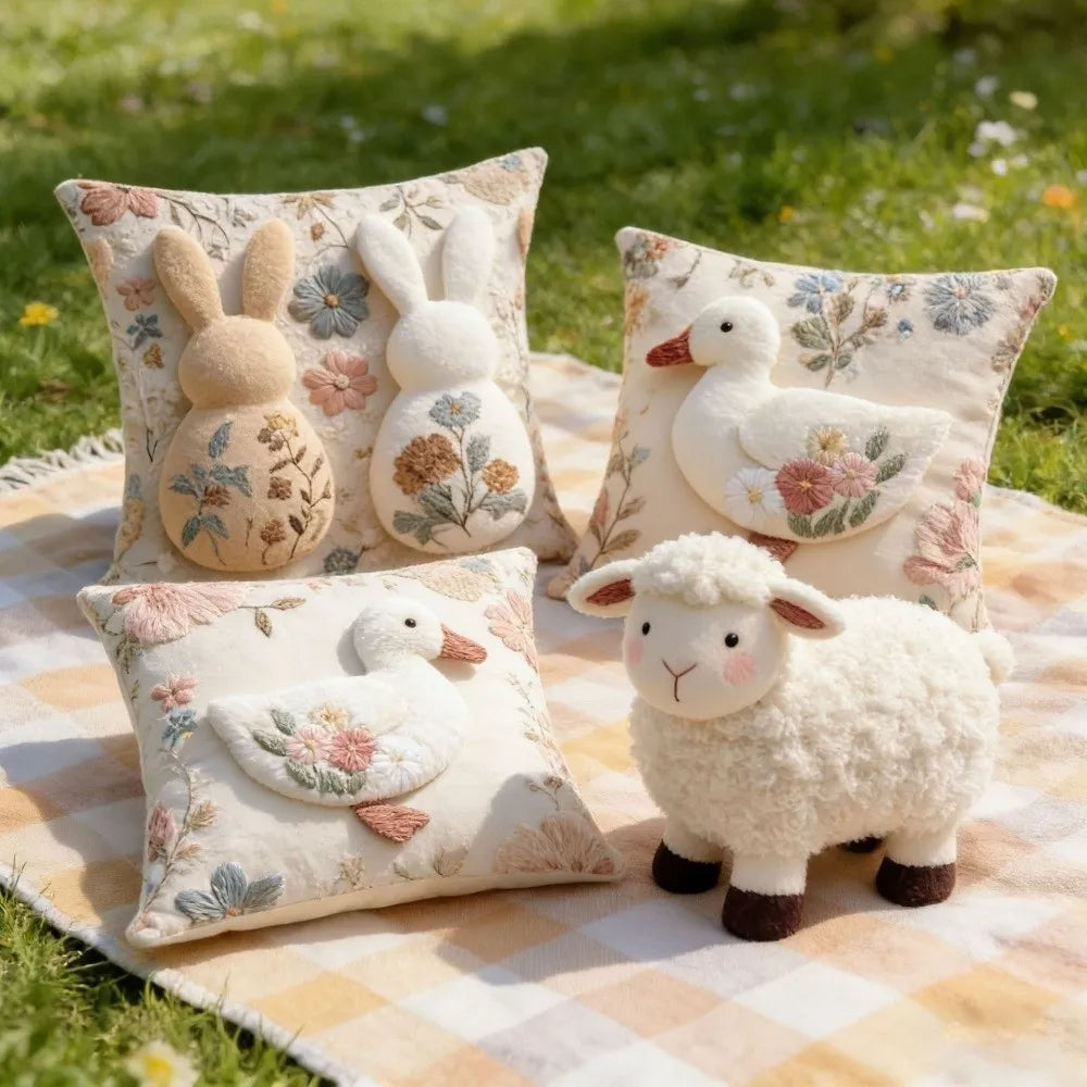 Cartoon Easter Pillow Cover 2D Flat Easter Theme Throw Pillow Cover Animal Print Skin Friendly Bunny Cushion Cover Bedroom