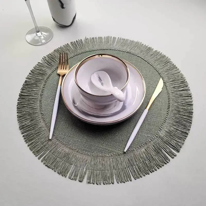 1pc Round Linen Placemats Table Mats Hand Woven Non-slip Heat Insulation Place Mats Tea Cup Pad Dining Table Decorations