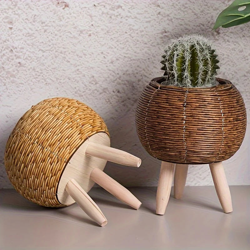 Charming Rustic Rattan Planter With Wooden Legs - Versatile Woven Storage Basket For Indoor/Outdoor Plants & Decor