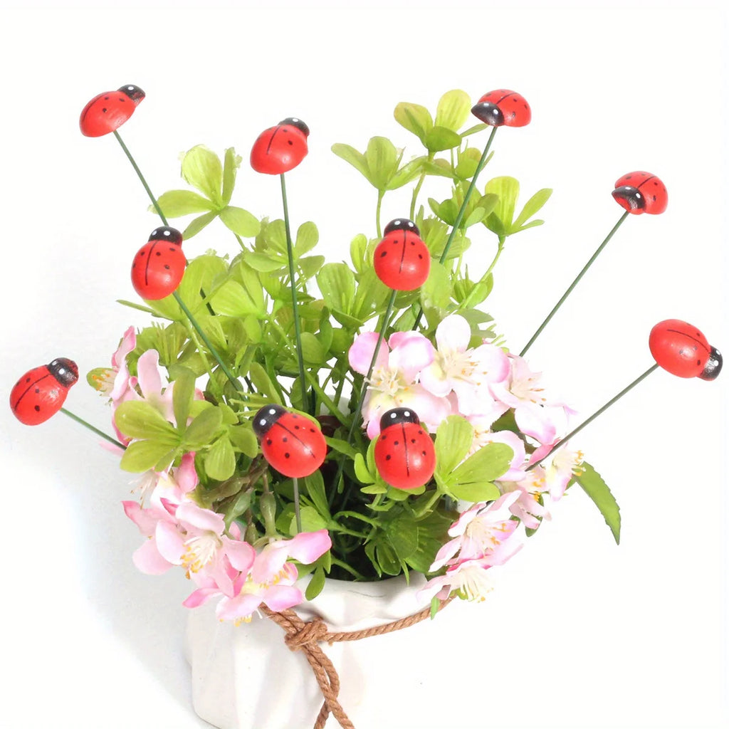 Wooden Ladybug Decorative Garden Stakes Garden Decoration Outdoor Yard Decor Easter Festival Decoration Office Home Decor 10pcs