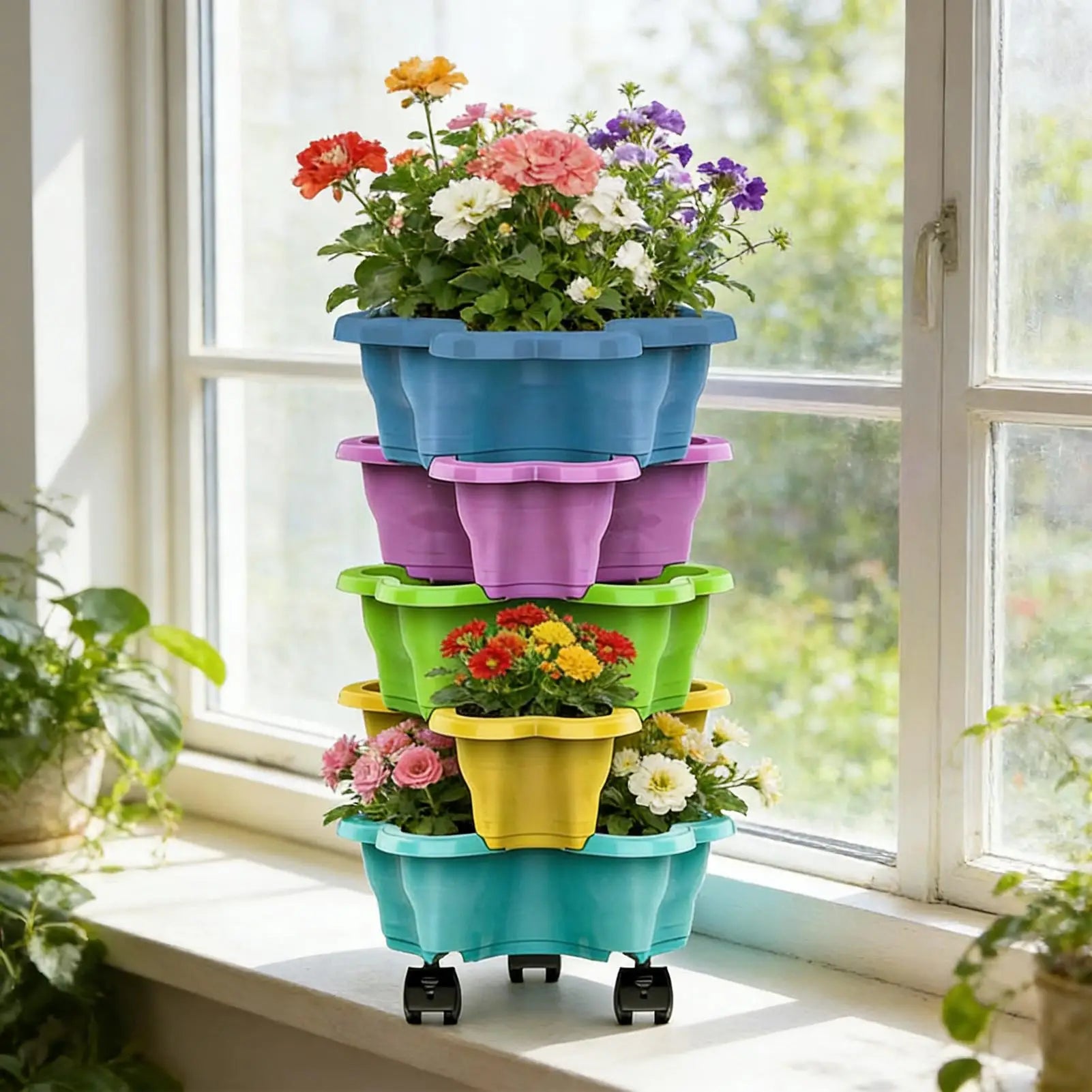 Stackable Strawberry Planter 4/5 Tier Vertical Garden Tower Vegetable Flower Pot with Drainage Holes for Garden Balcony Patio